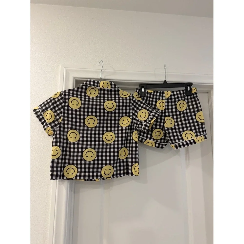 Old Navy Girls Pajama Set Size 8 M Black White Checkered Smiley Face 2pc NWT